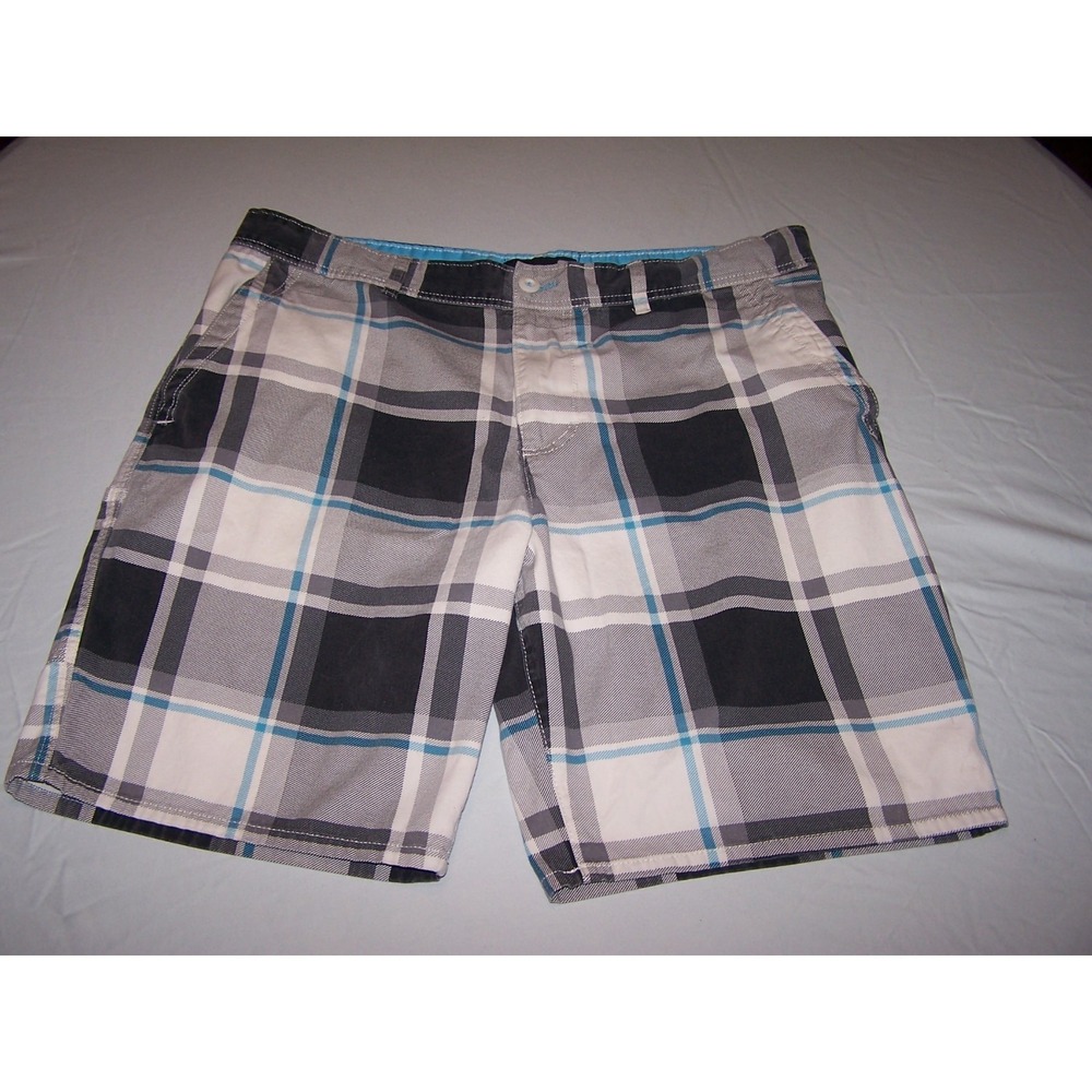 OP sz40 Black Gray blues Cotton PLAID FLAT‎ FRONT SHORTS color tusk